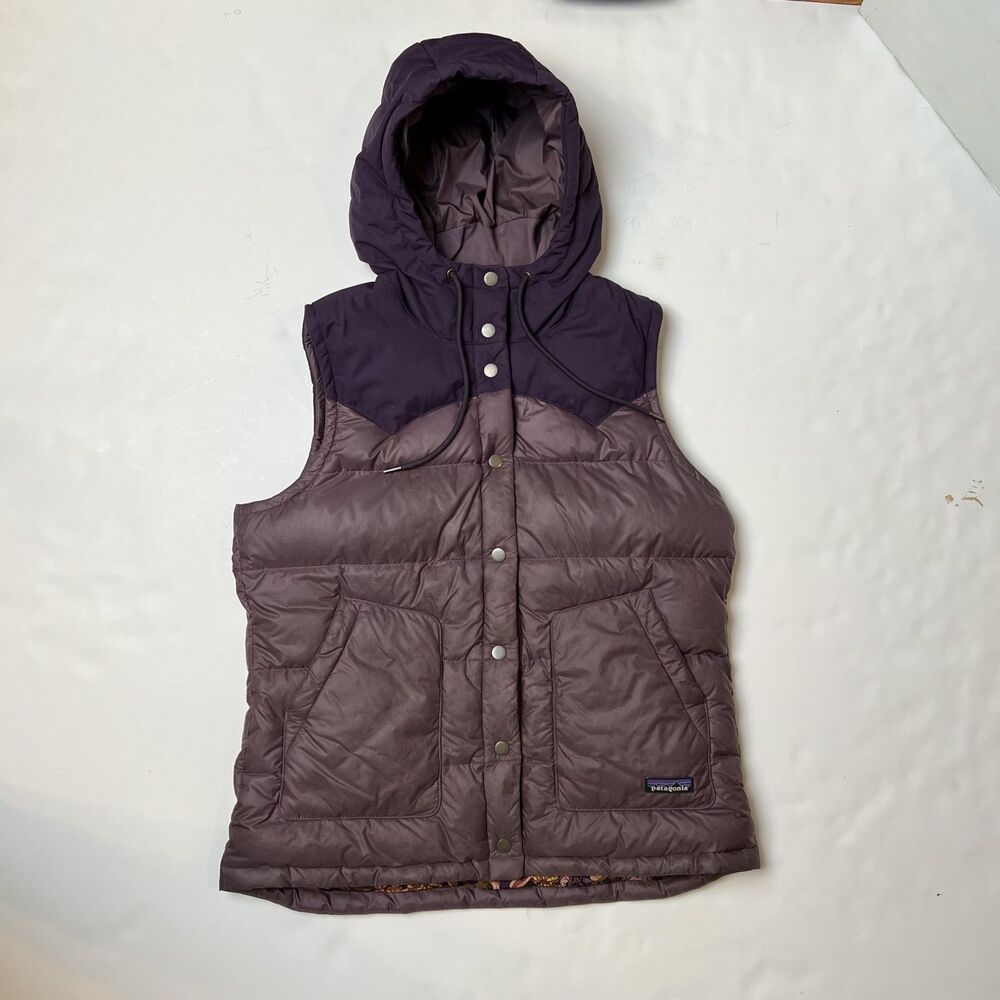 Patagonia Women's Large Down Hooded Vest Purple Floral Lining Puffer Quilted L